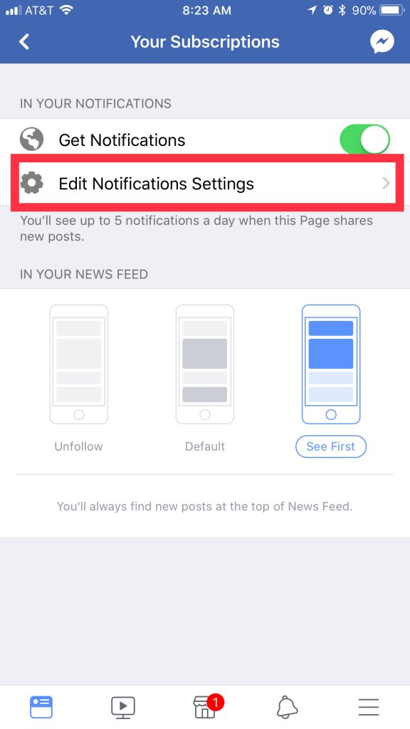 Facebook "Edit Notifications Settings" mobile screen capture